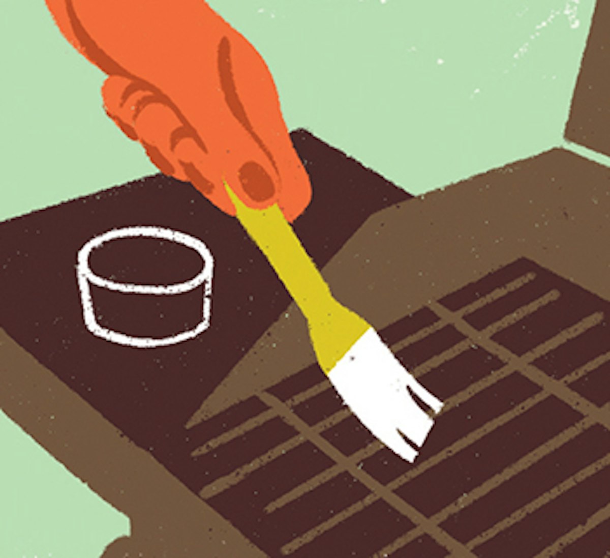 An illustration of a person using a brush to clean a grill.
