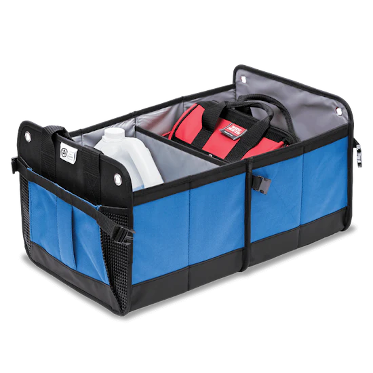 A blue and black car trunk bag with two compartments.