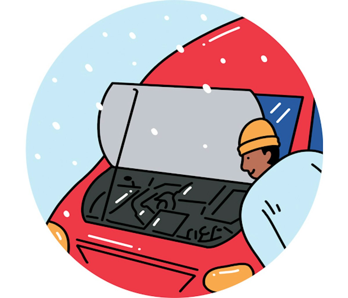 An illustration of a man working on a car in the snow.
