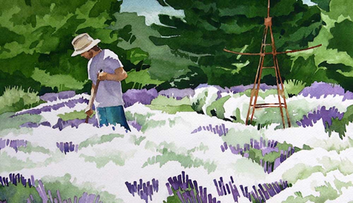 A watercolor painting of a man in a lavender field.