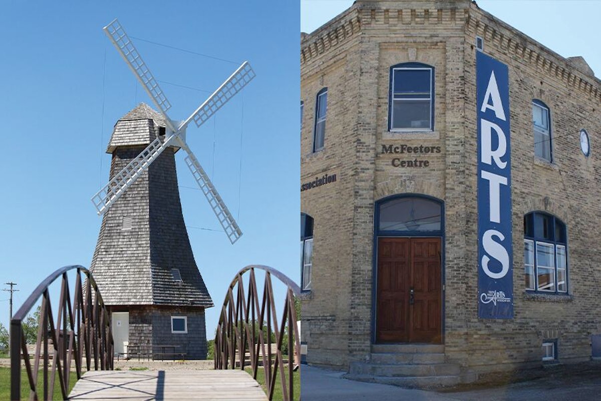 Two pictures of a windmill and a building.