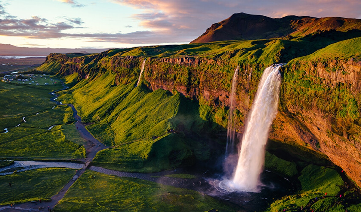 An aerial view of a waterfall in iceland.