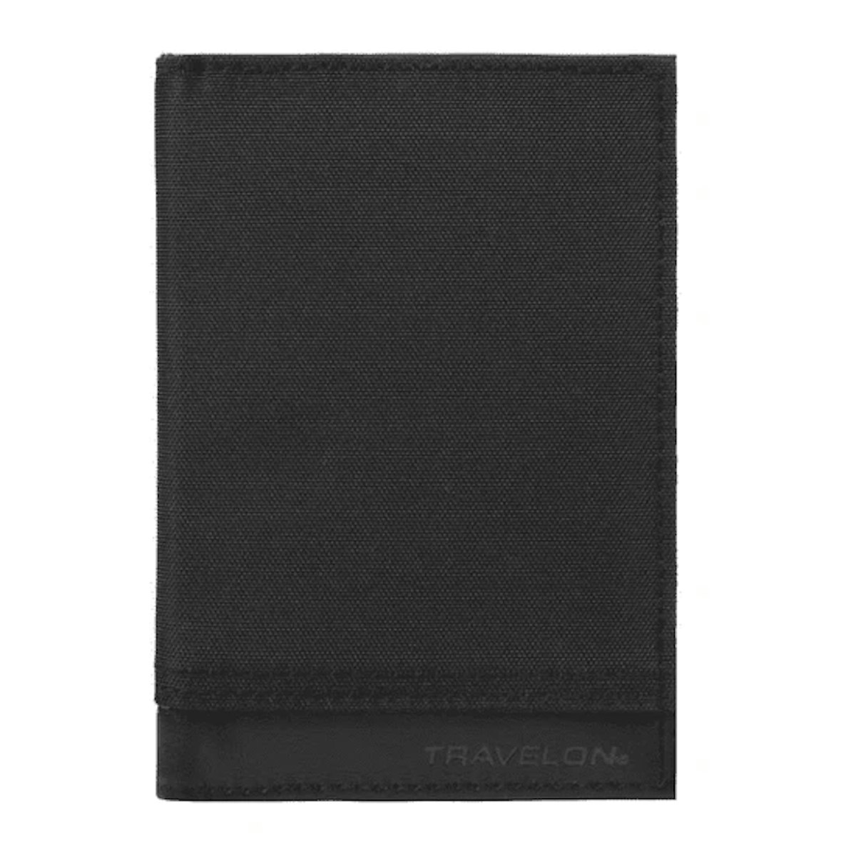 A black wallet on a white background.