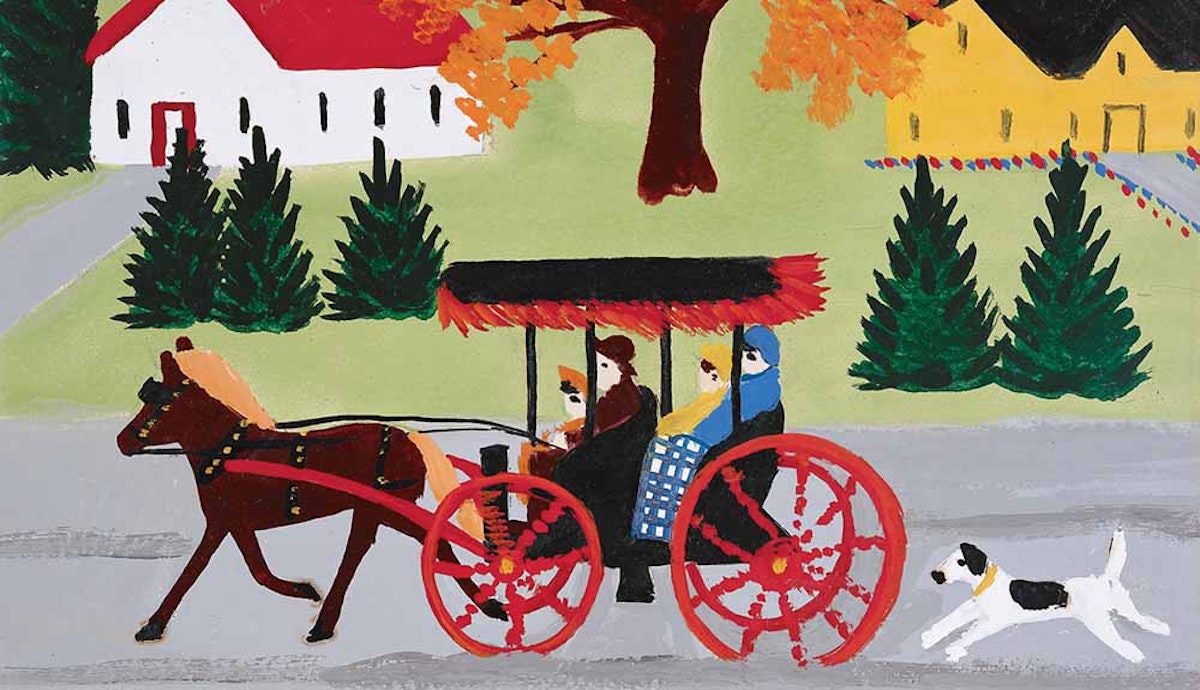 A painting of a horse drawn carriage with people and a dog.
