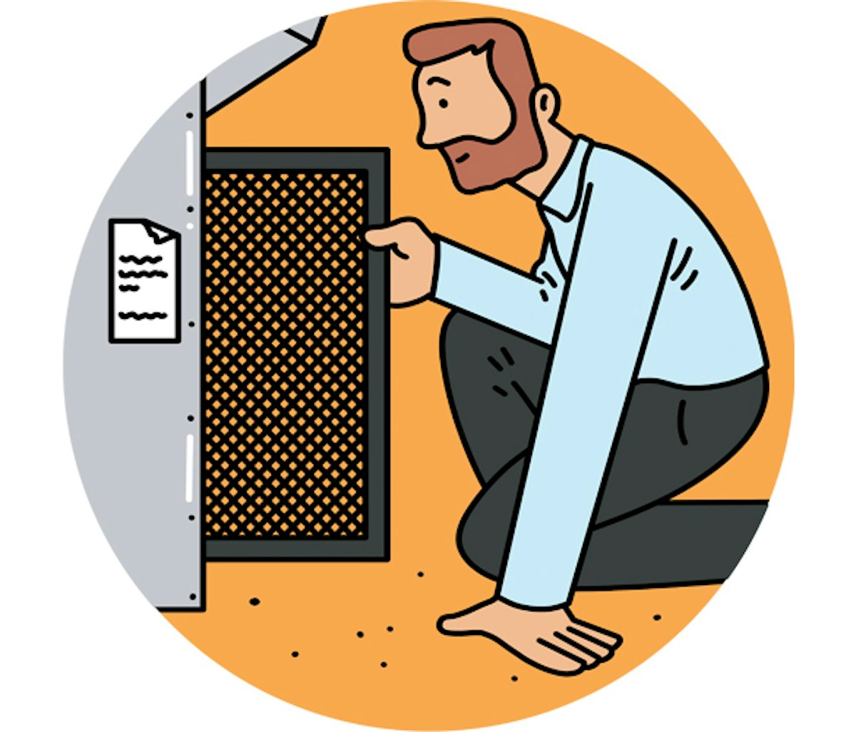 An illustration of a man inspecting an air conditioner.