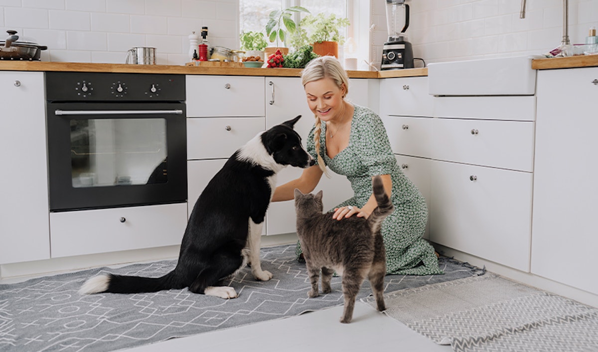 A woman petting a cat and dog in a kitchen.