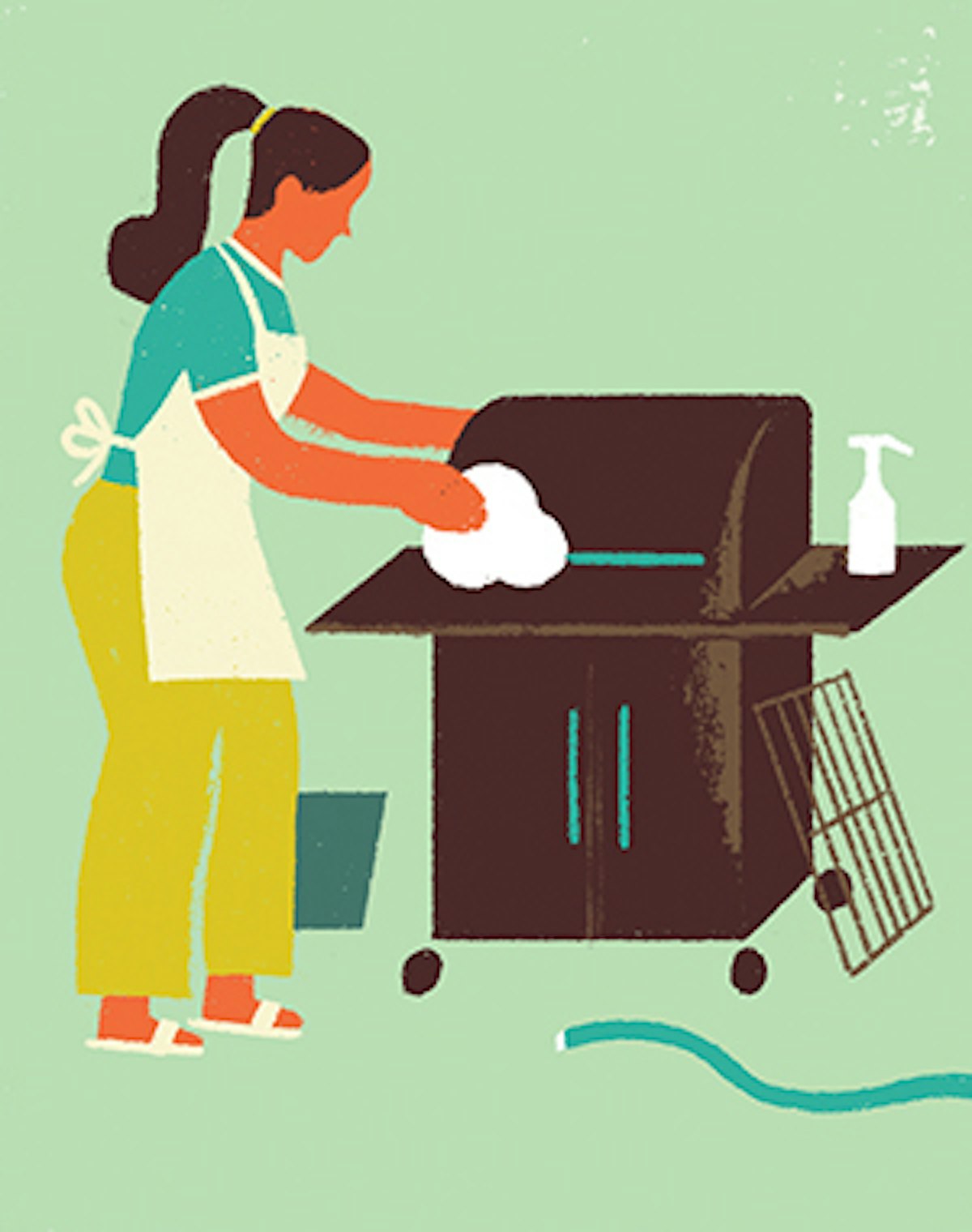 An illustration of a woman cleaning a grill.