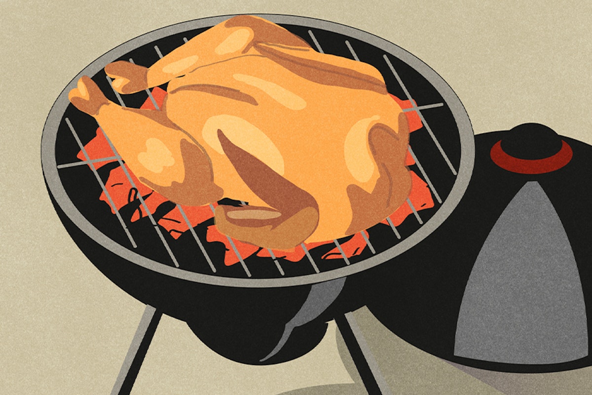 An illustration of a bbq grill with a chicken on it.