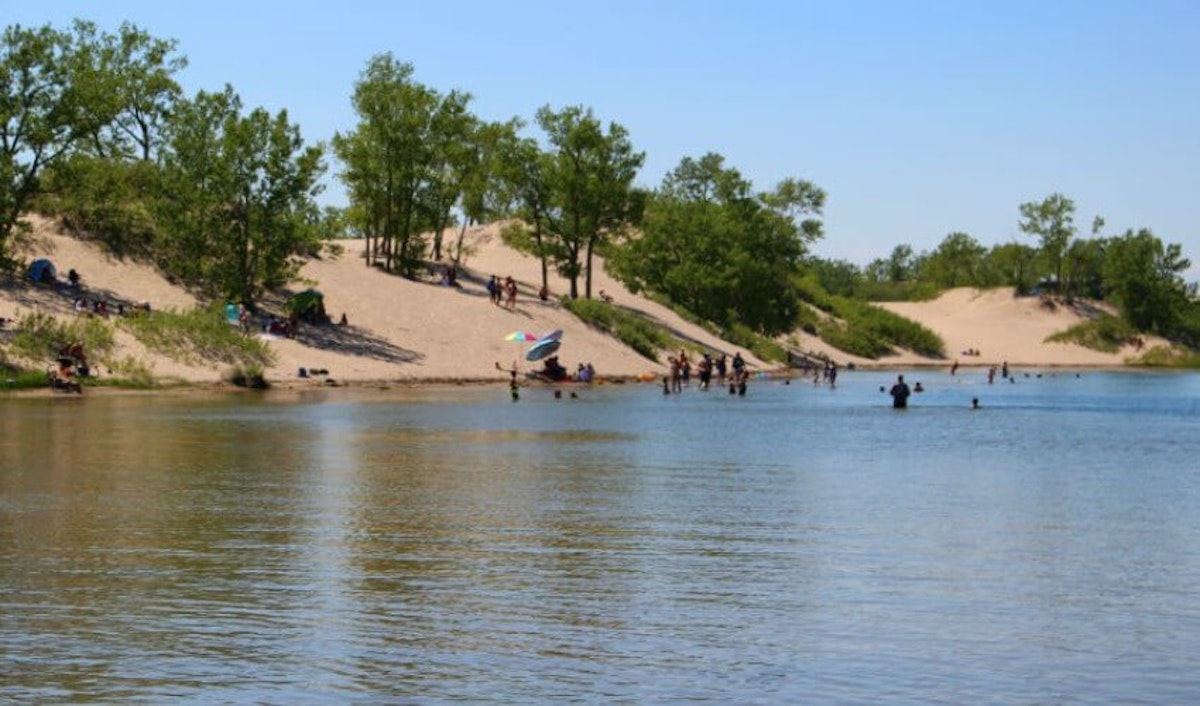 A group of people are swimming in a lake near sand dunes.