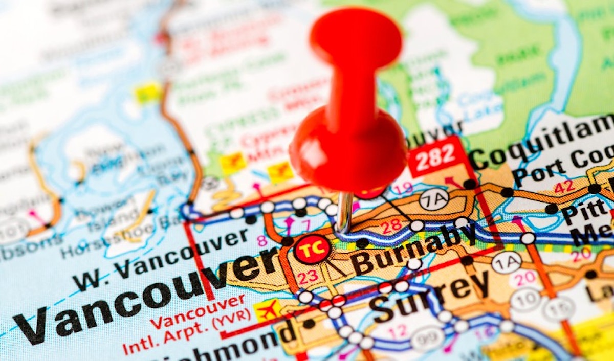 A red pin is pinned on a map of vancouver.
