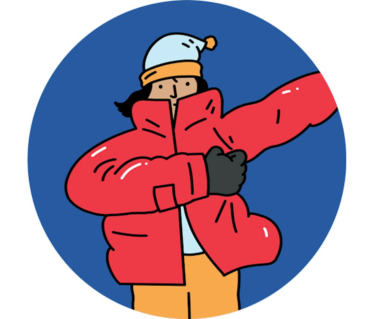 A cartoon illustration of a person wearing a red jacket and hat.