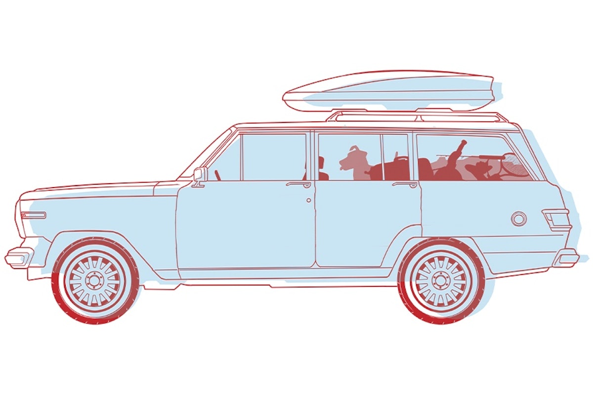 Illustration of a classic station wagon with passengers and a roof-mounted cargo box.