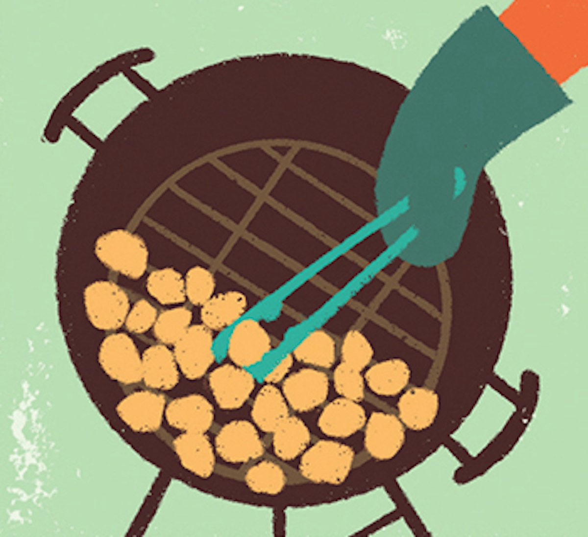 An illustration of a person grilling potatoes on a grill.