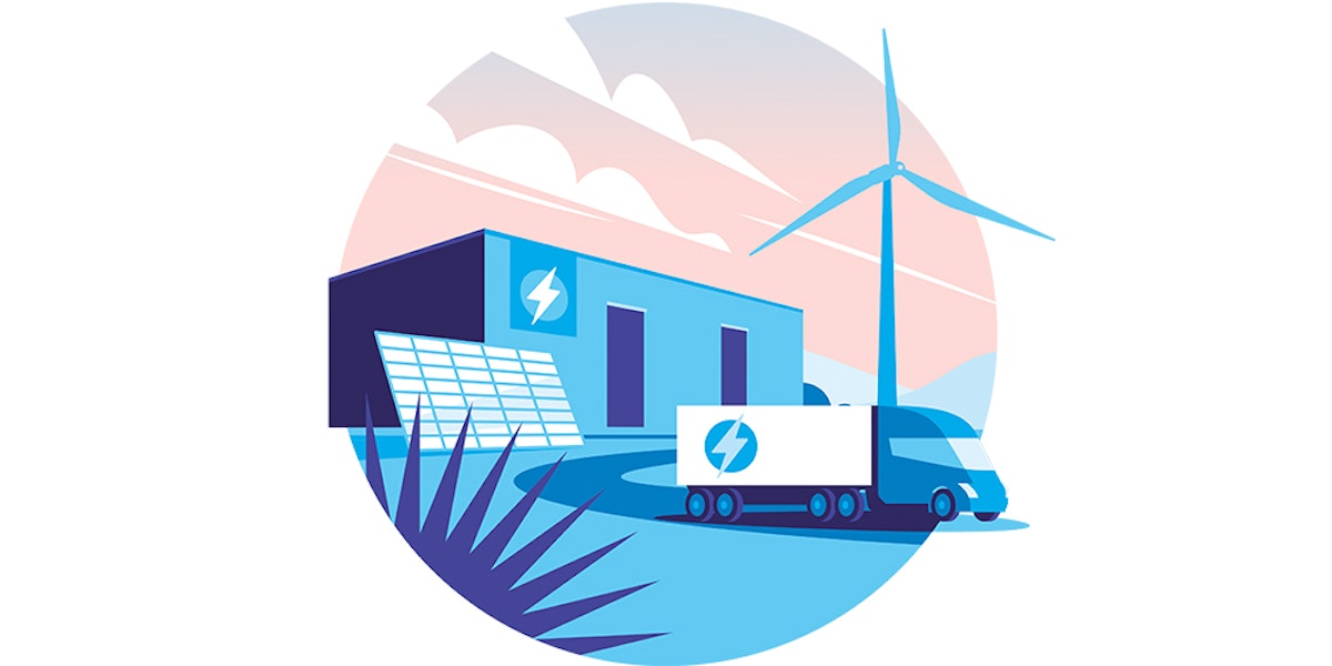 An illustration of a wind turbine and a truck.