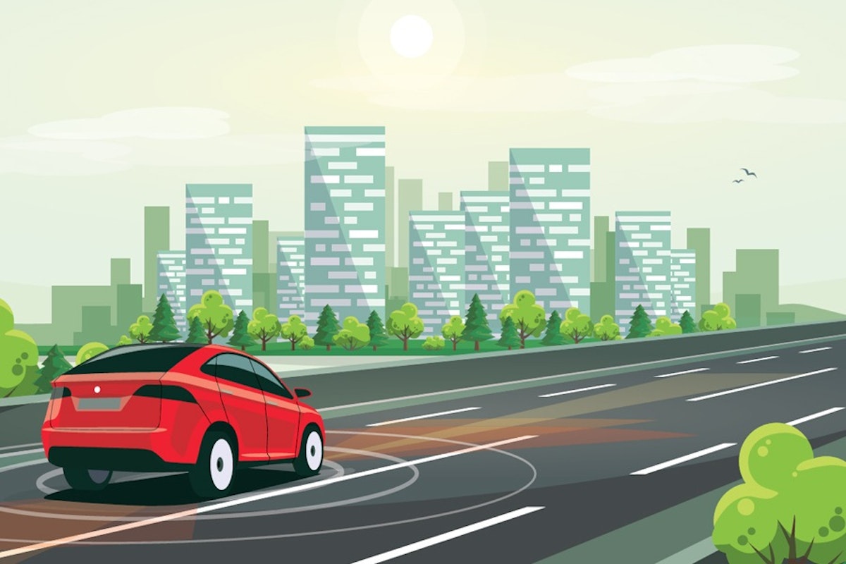 Red car driving on a road illustration.