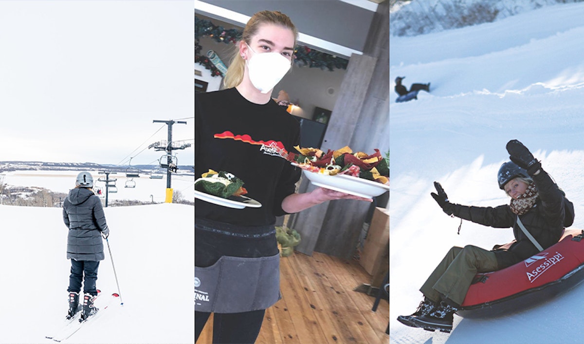 A collage of pictures of people on skis and sleds.