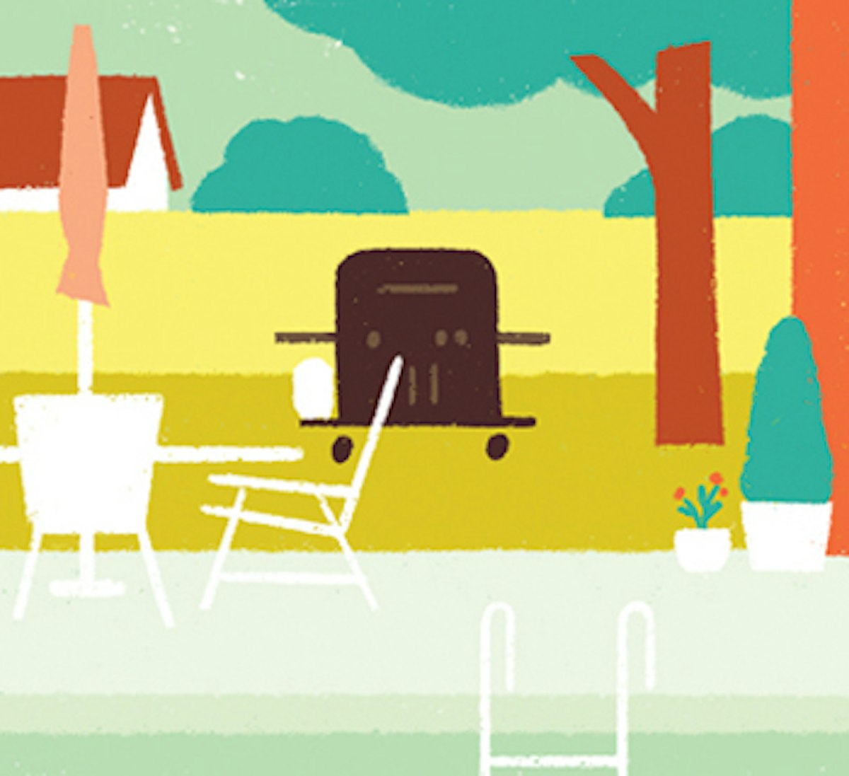 An illustration of a backyard with a table, chairs, and a grill.