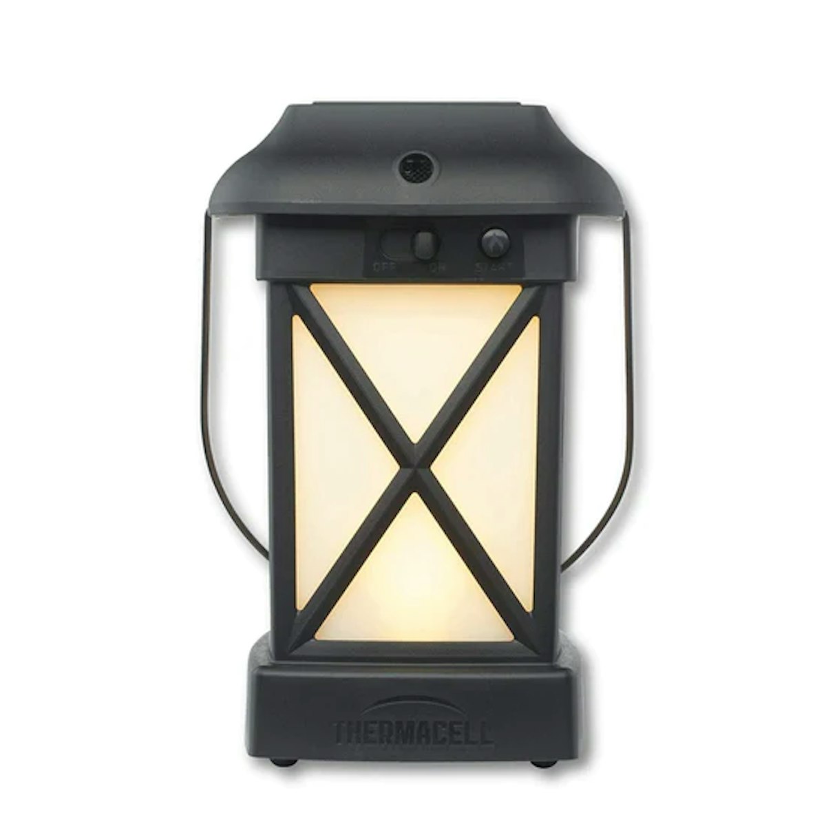 A black lantern with a light on it.