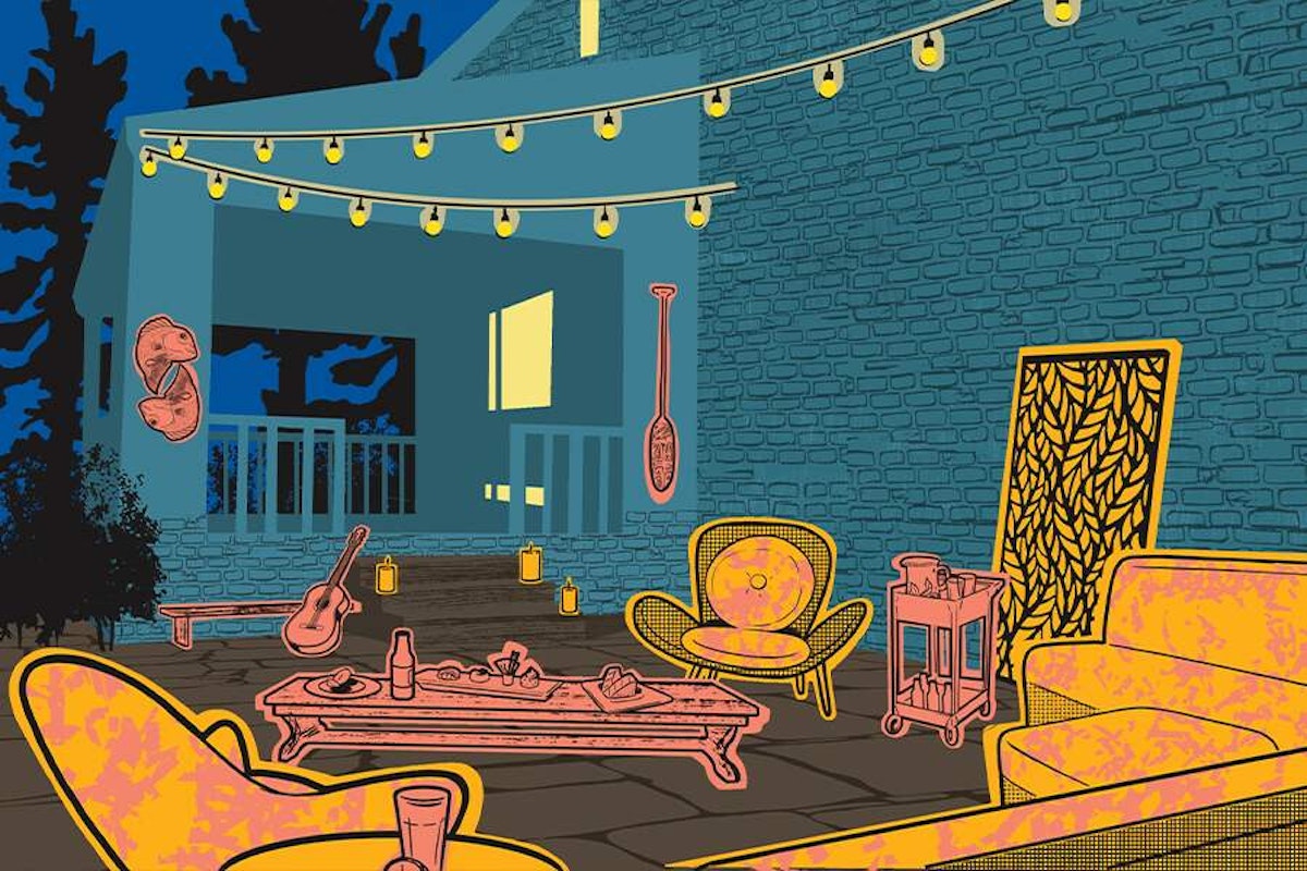 A drawing of a patio with furniture and lights.
