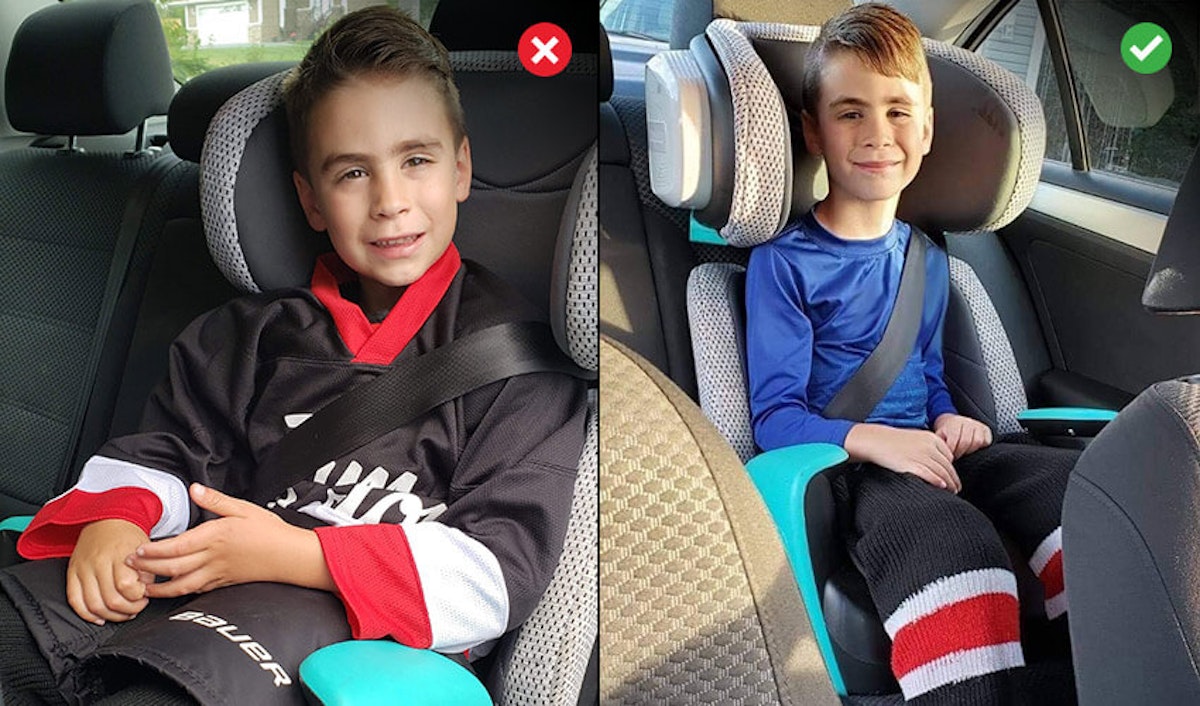 Two pictures of a boy sitting in a car seat.