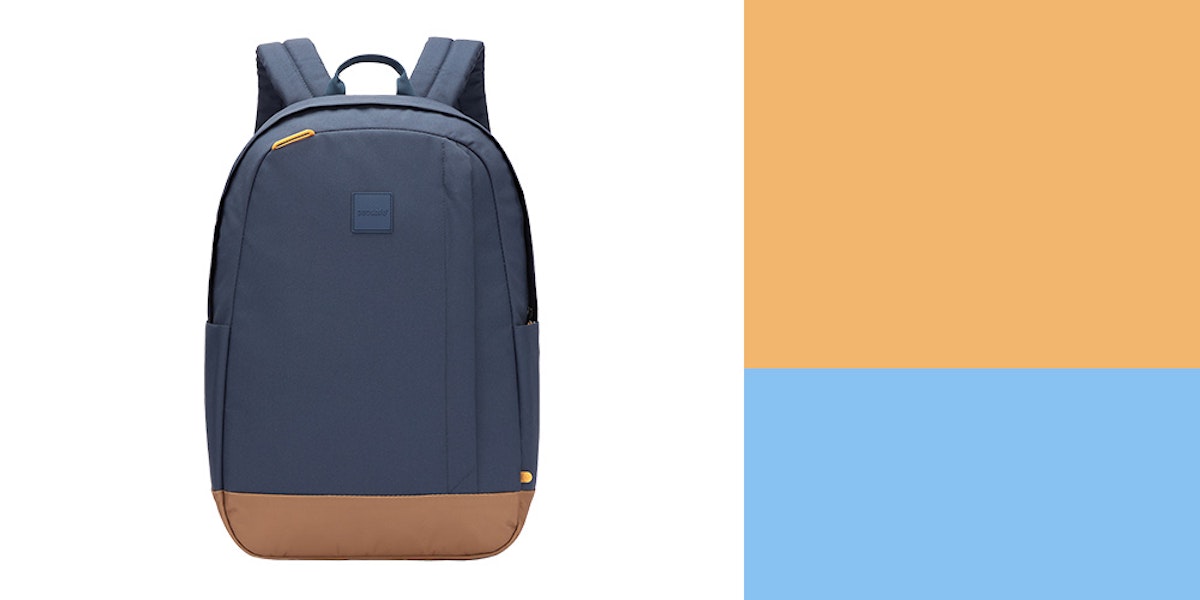 A blue and tan backpack on a blue background.