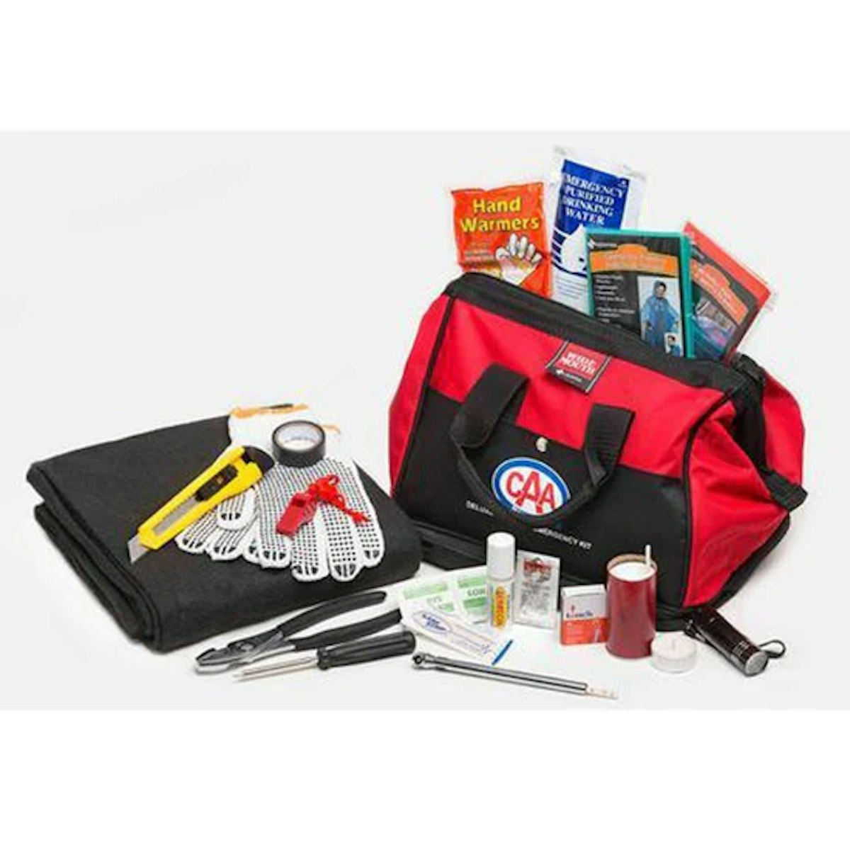 A red and black bag with tools and items.