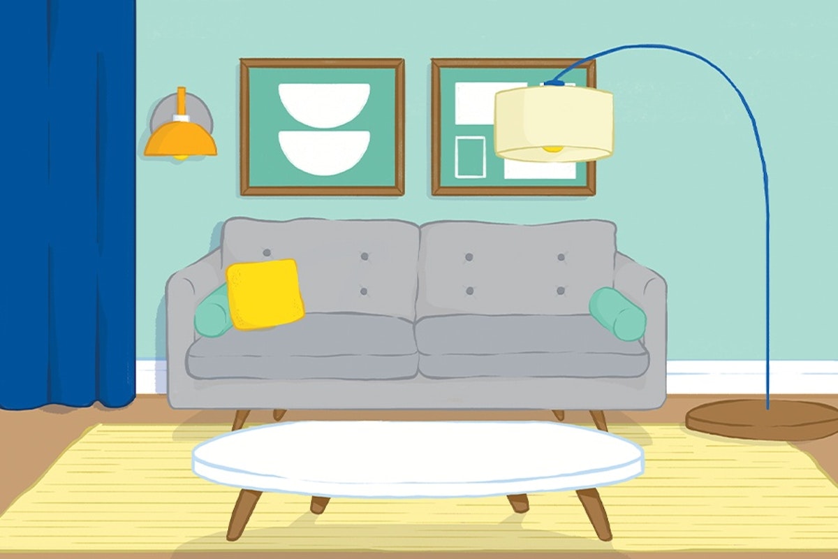 A cartoon illustration of a living room.