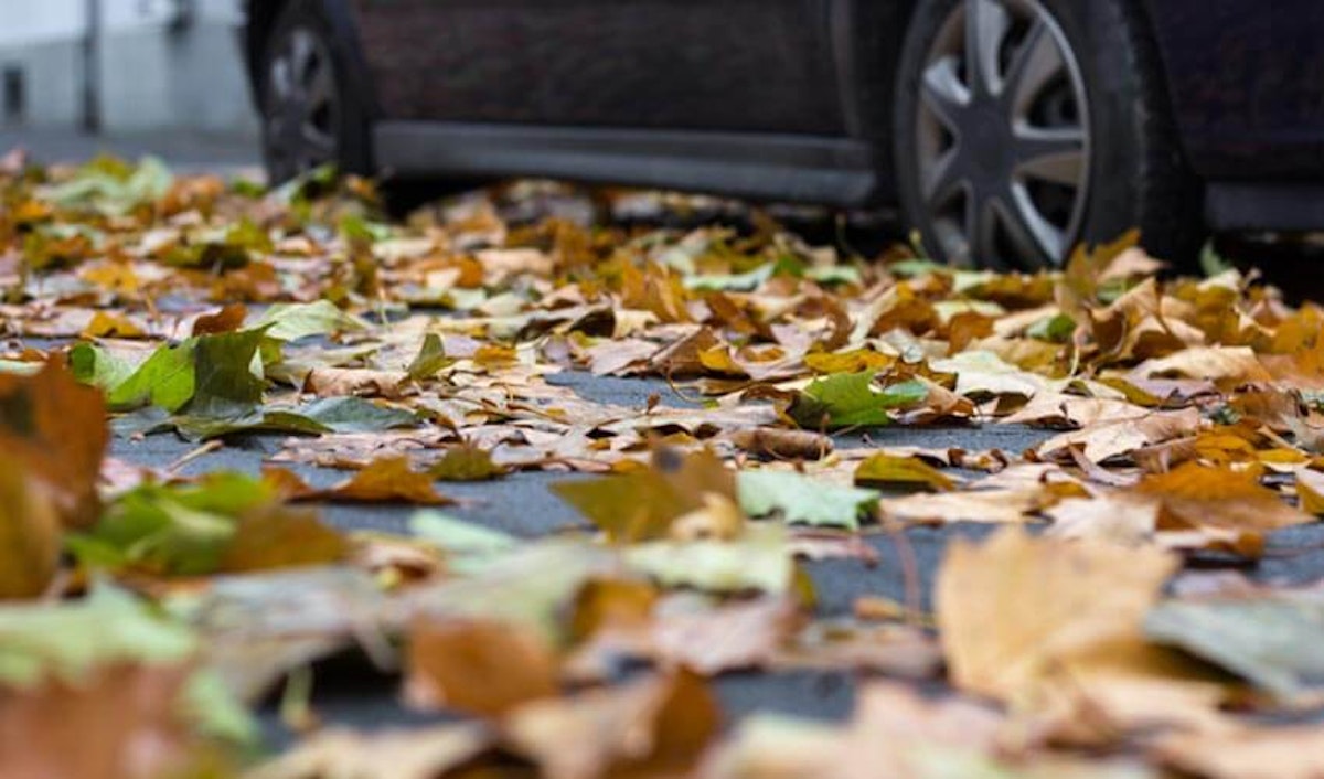 A car is parked on a street with leaves on the ground.
