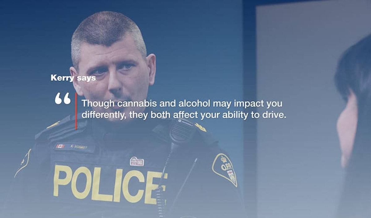 A police officer giving a public service announcement about the effects of cannabis and alcohol on driving ability.