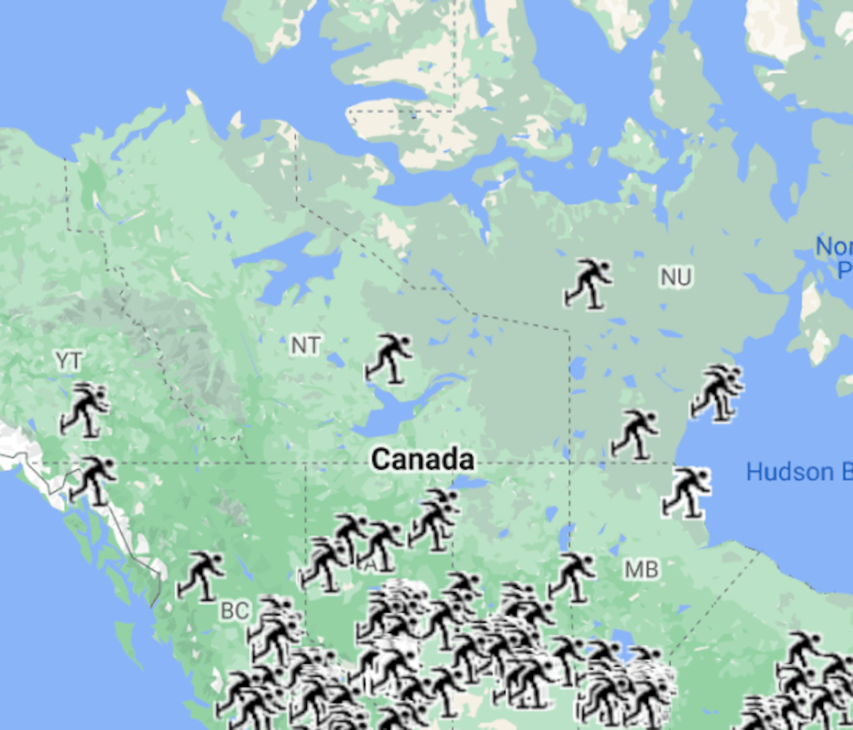 Illustration of multiple human figures dispersed across a map of canada.