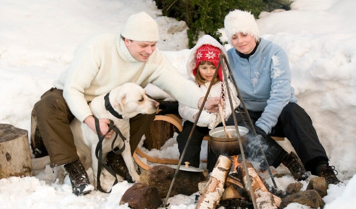 A family sits around a fire in the snow with a dog.
