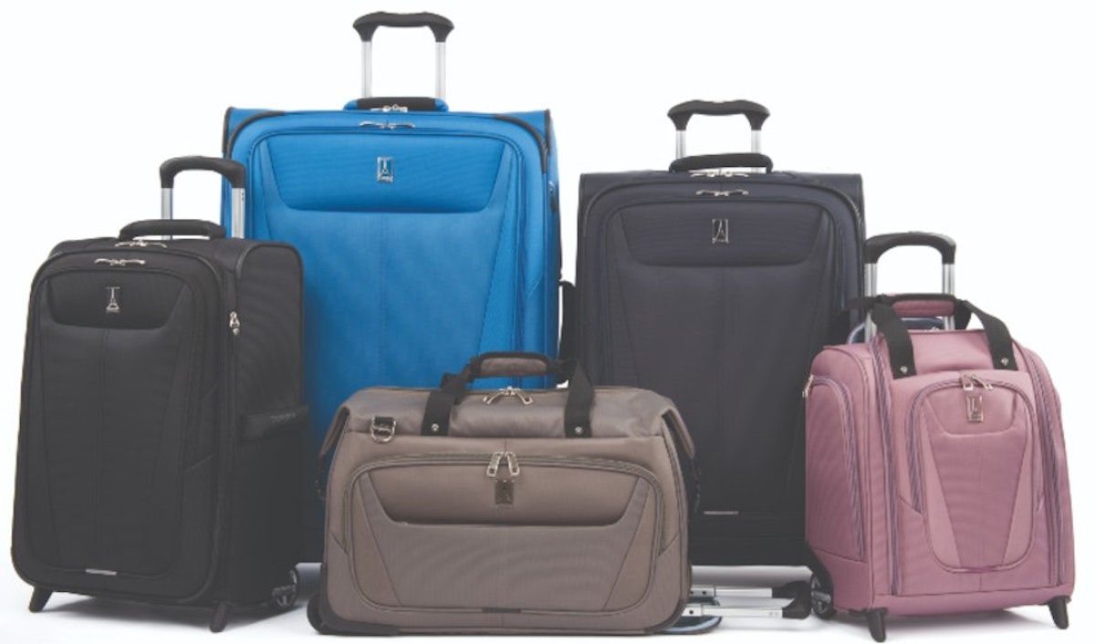 Five pieces of luggage with wheels on a white background.