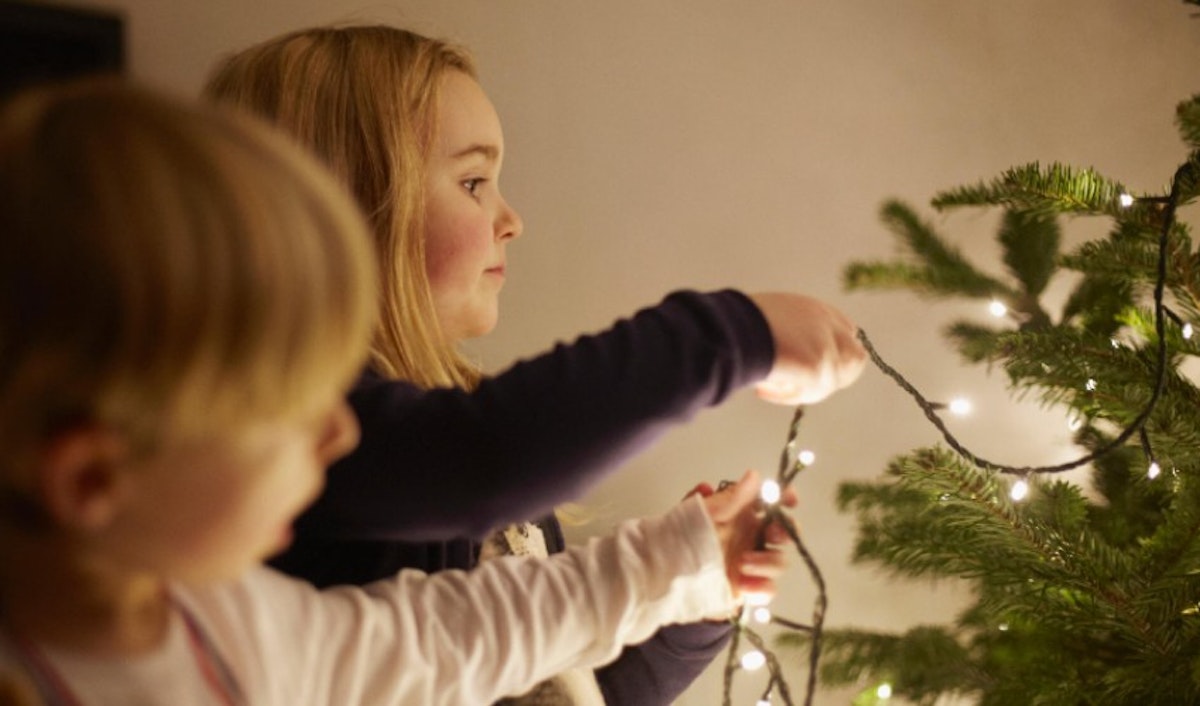 Two children are putting lights on a christmas tree.