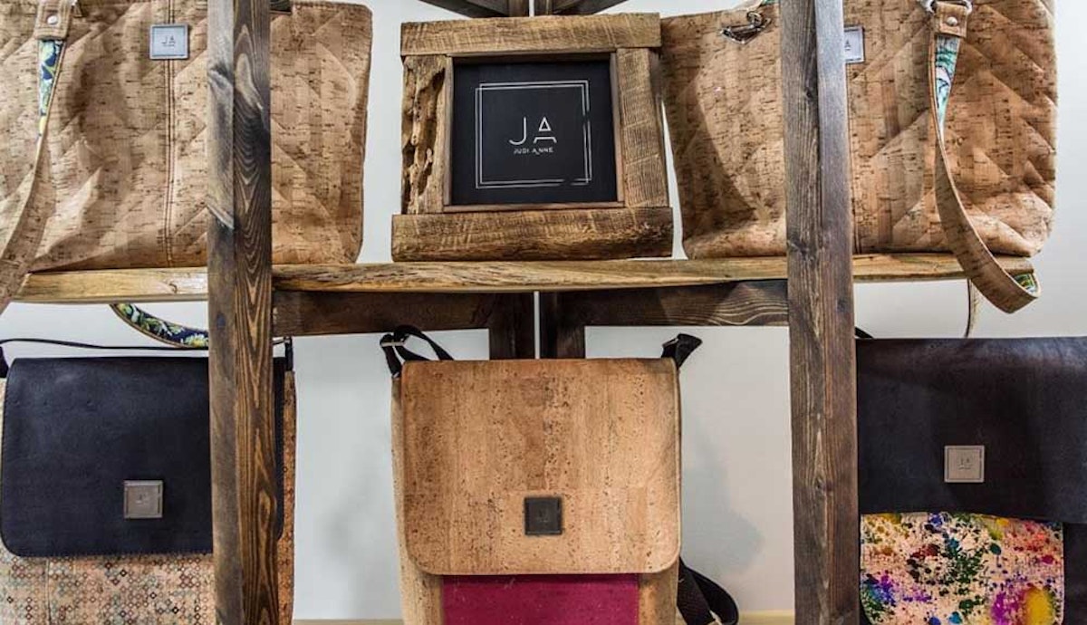 Cork bags on display in a store.