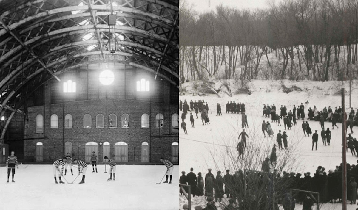 An old photo of a skating rink and people in the snow.