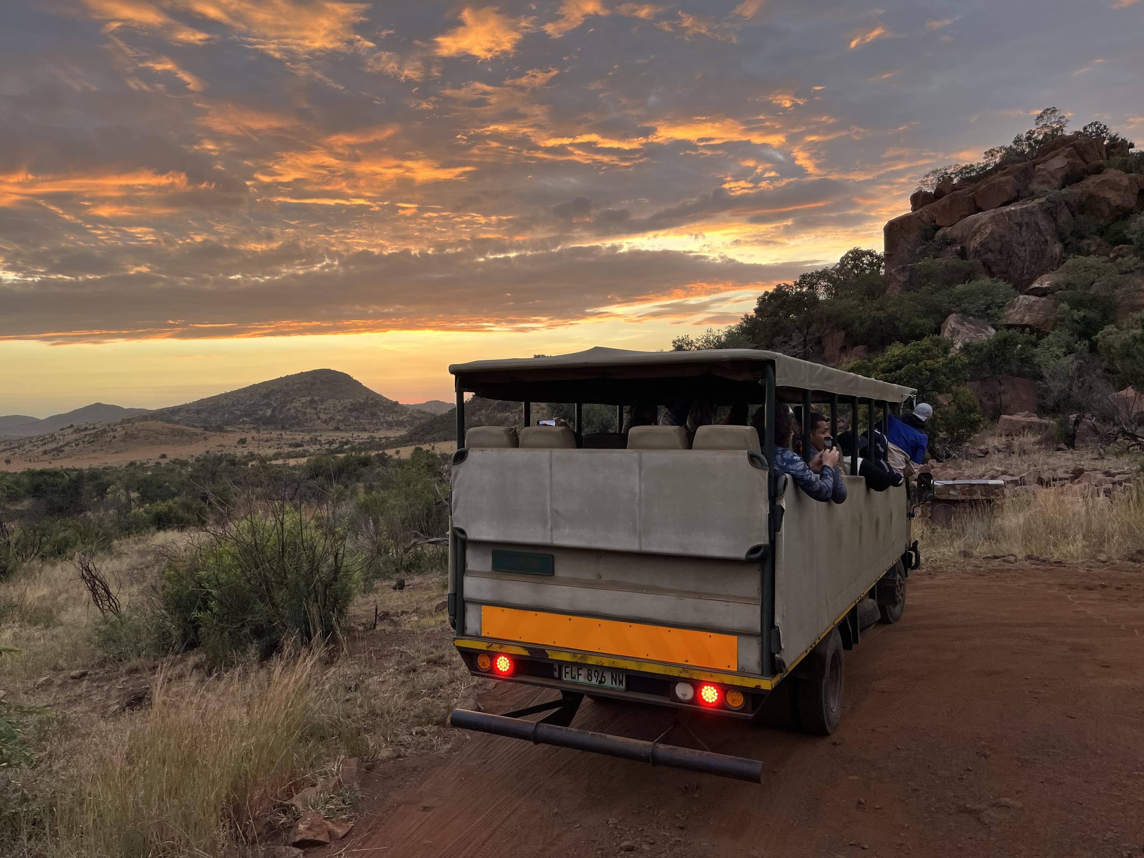 The back of a safari vehicle that is parked on red sand and surrounded by dry grass and bushes. The sky above is orange and blue as the sun sets, and in front of the vehicle is a small hill covered in large rocks and more bushes.