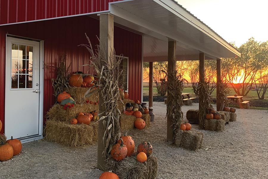 Sunset at a farm stand adorned with autumn pumpkins and hay bales.