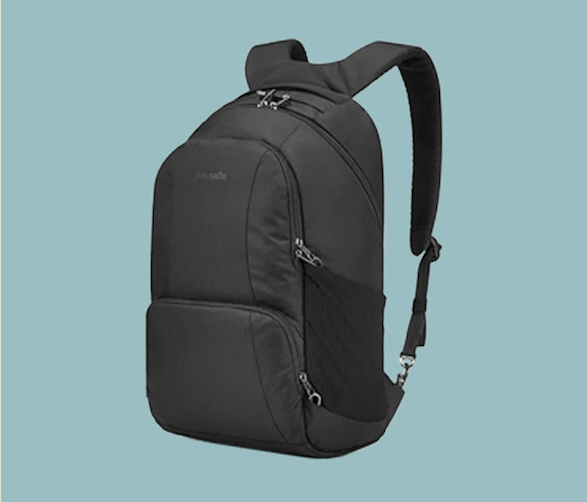A black backpack on a blue background.