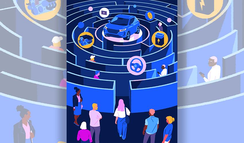 People standing around a maze with a car in it.