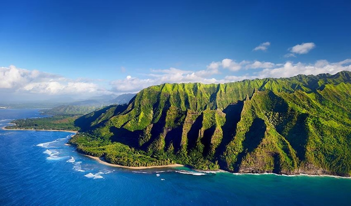 An aerial view of the cliffs of kauai, hawaii.