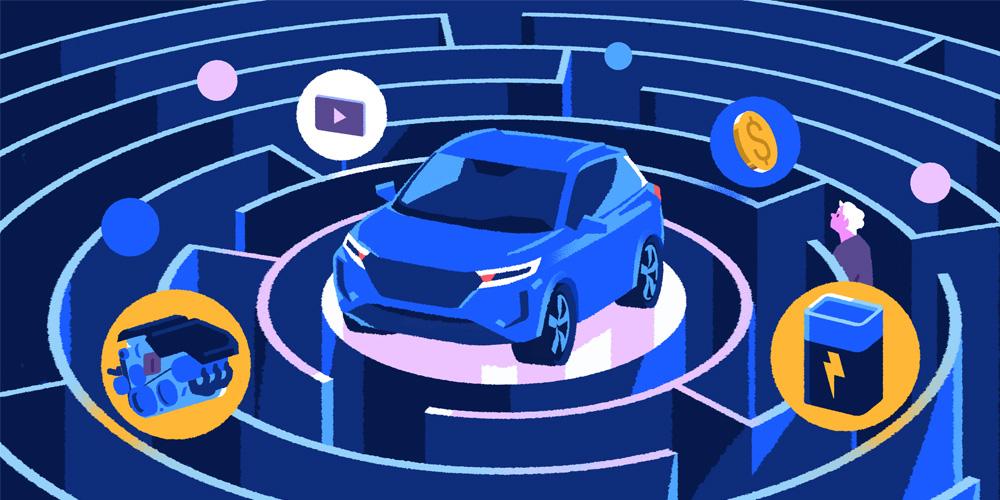 A blue car in a maze surrounded by icons.