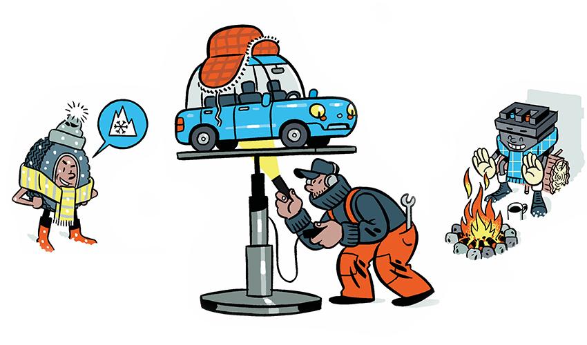 Illustration of people engaging in winter activities: one person is shivering in the cold, a car is being equipped with snow chains, a person is using a jack to lift a vehicle, and another.