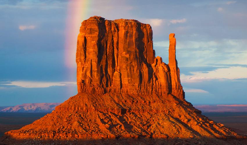 A rainbow in the sky.