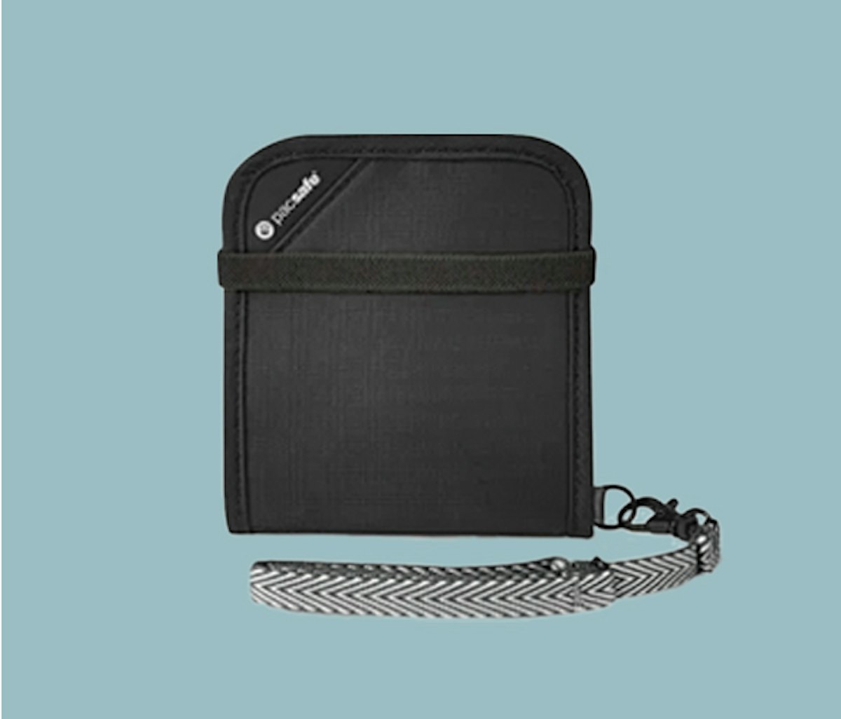 A black wallet with a chain attached to it.