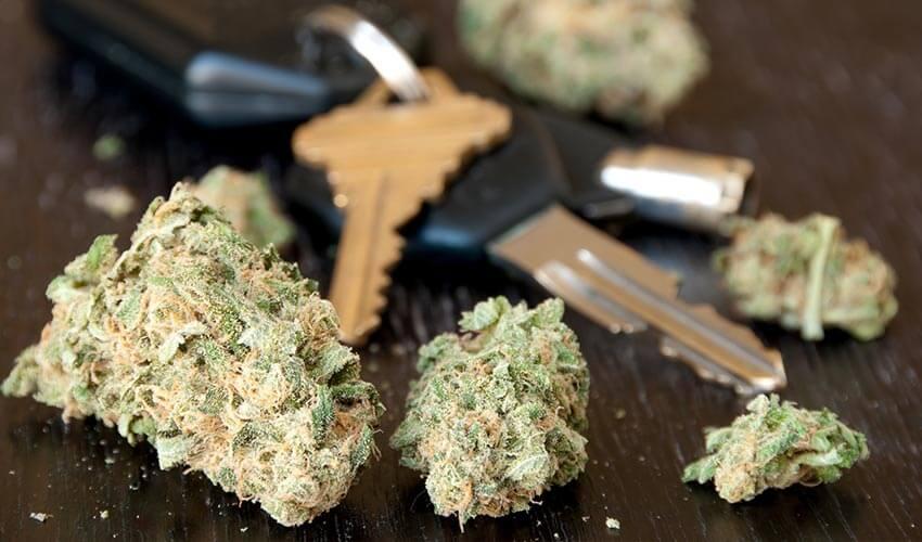 Marijuana and car keys on a table.