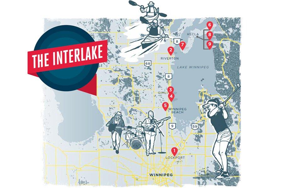 Illustrated map showing attractions in the interlake region with icons for outdoor activities and music.