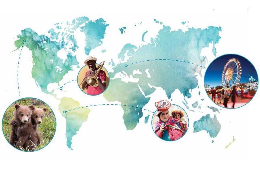 A world map with people and bears on it.