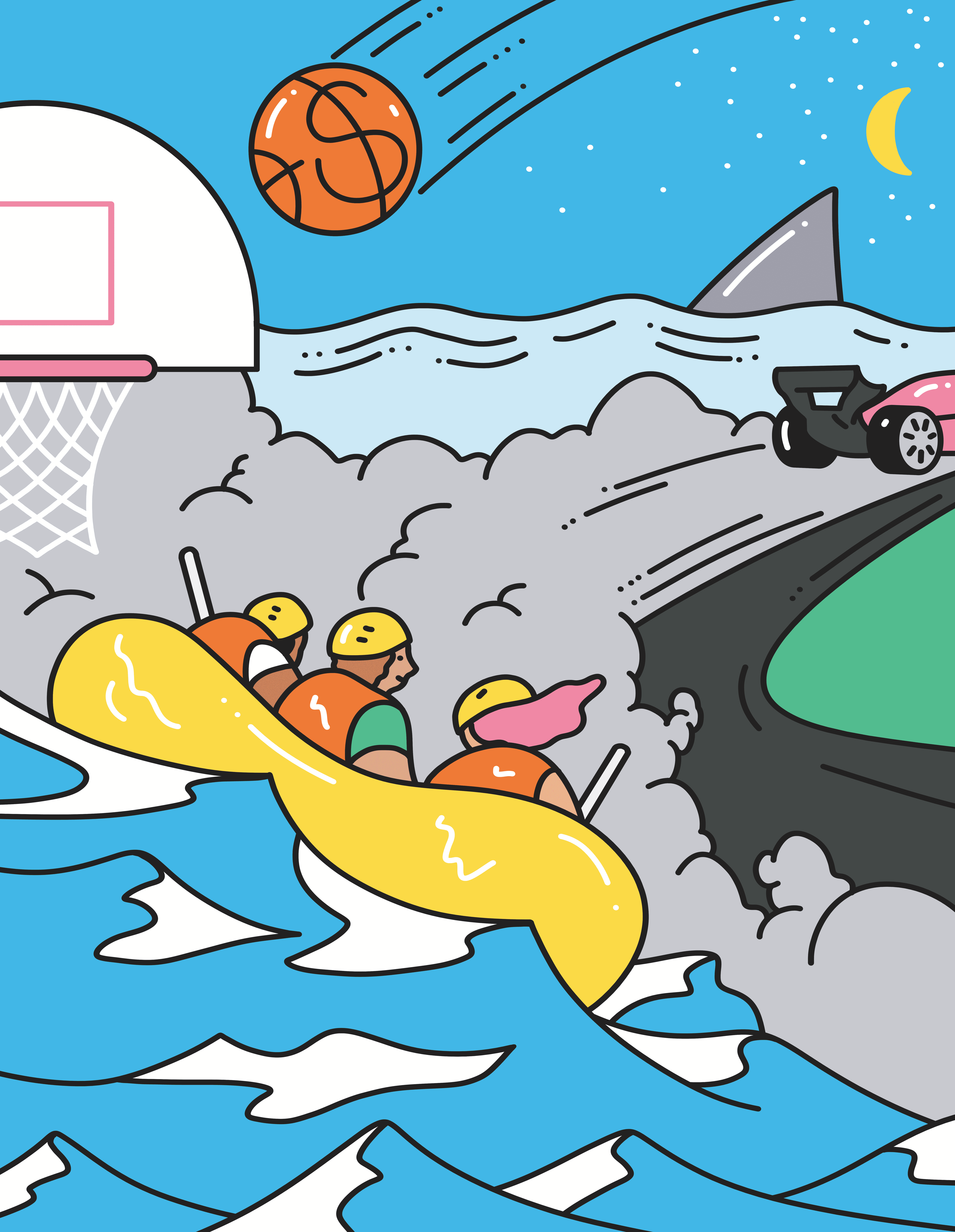 Illustrated collage of various summer activities including a basketball being thrown into a hoop, three people in a yellow kayak on rocky waters, and a car moving quickly down a turning road with smoke billowing behind it.
