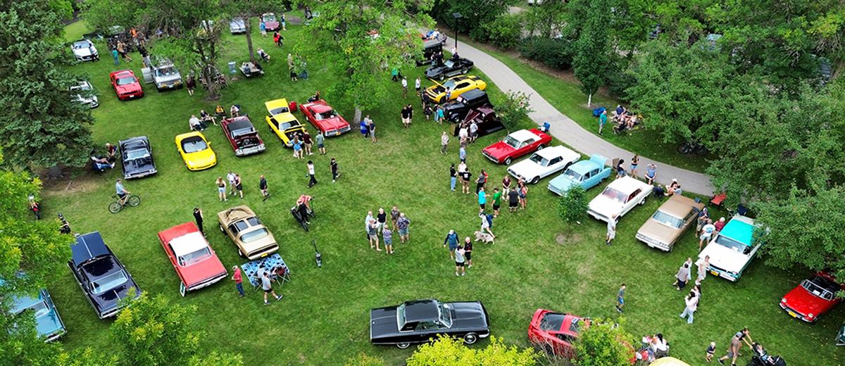 An overhead shot of a car meet: antique cars in a variety of colours, makes and models are lined up in a grass field as people walk between them.