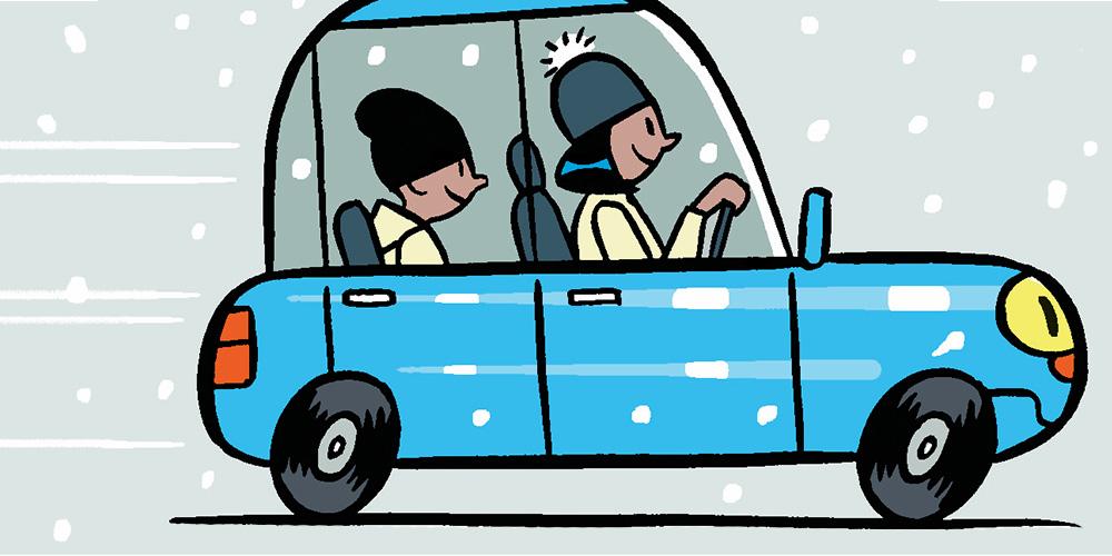 A cartoon of two people driving a blue car in the snow.